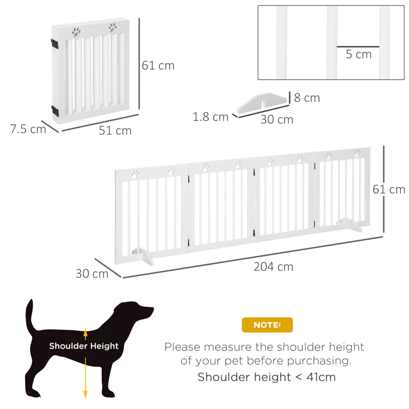 Freestanding 4-Panel Wooden Pet Gate - Folding Dog Barrier Safety Fence, 204cm Long, 61cm Tall for Doorways & Stairs - White
