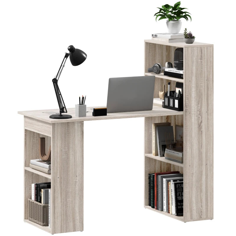 120cm Wooden Computer Desk with 6-Tier Bookshelves - Grey Home Office Laptop Table & Writing Workstation