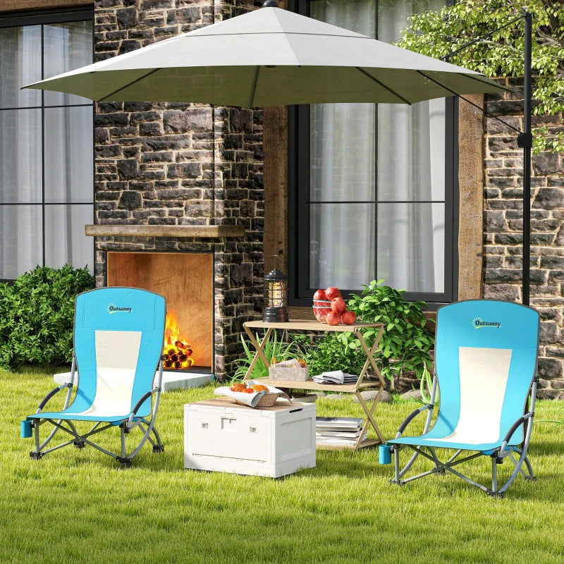 Set of 2 Low Folding Beach Chairs with Mesh Back Carry Bag and Cup Holder for Outdoor Camping Garden Picnic Travel Blue