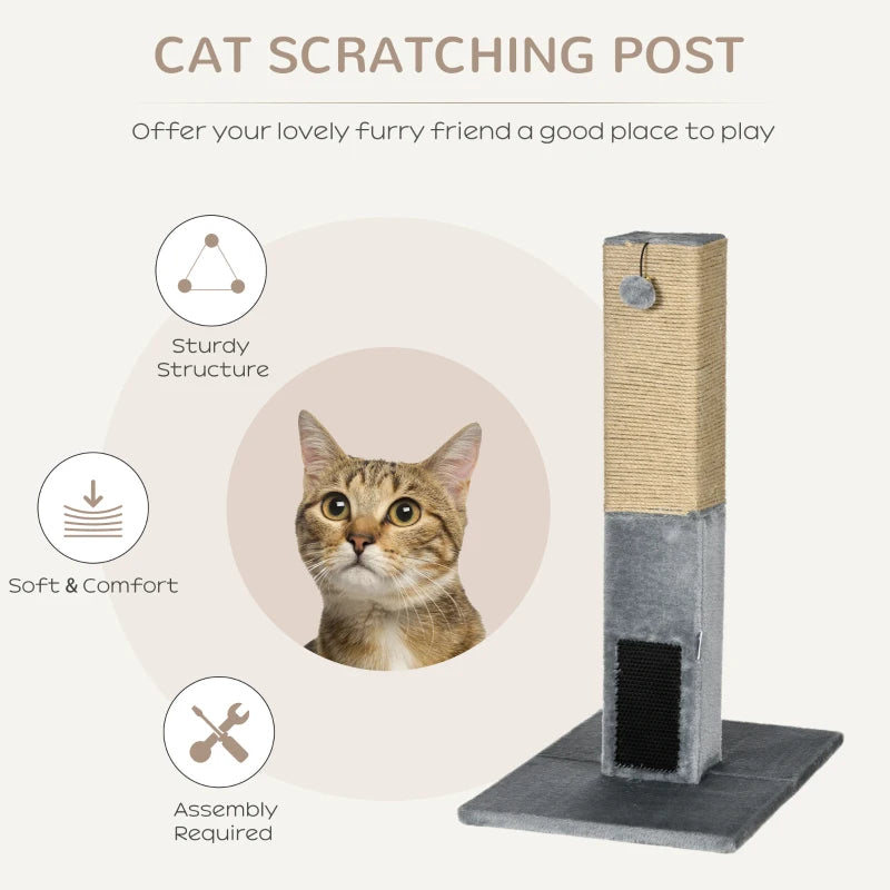 79cm Cat Tree Scratching Post - Indoor Jute Scratcher Climber with Carpet Base & Dangling Toy - Grey