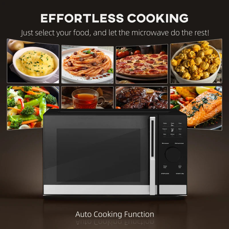 Compact 800W Black Microwave Oven - Digital Solo, 10 Power Levels, 8 Auto Cook Menus, 60 Min Timer, Easy Clean