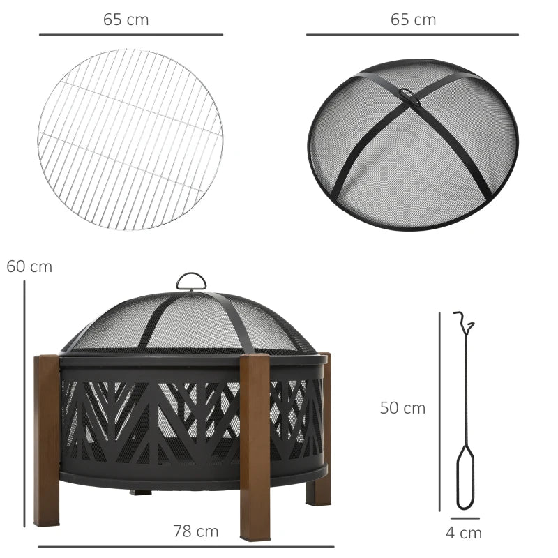 Large Metal Fire Pit Bowl 2-in-1 Outdoor BBQ Grill & Brazier with Lid, Poker for Backyard & Camping, 78cm Black