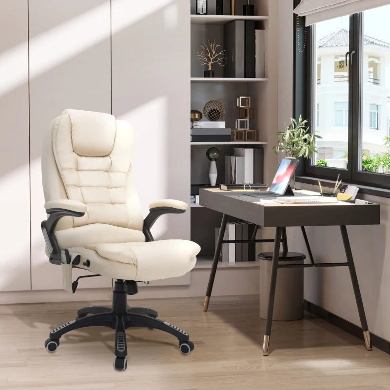 Beige 6-Point Massage Office Chair with Heated Seat - PU Leather High Back Executive Desk Chair, Adjustable Height & 360° Swivel