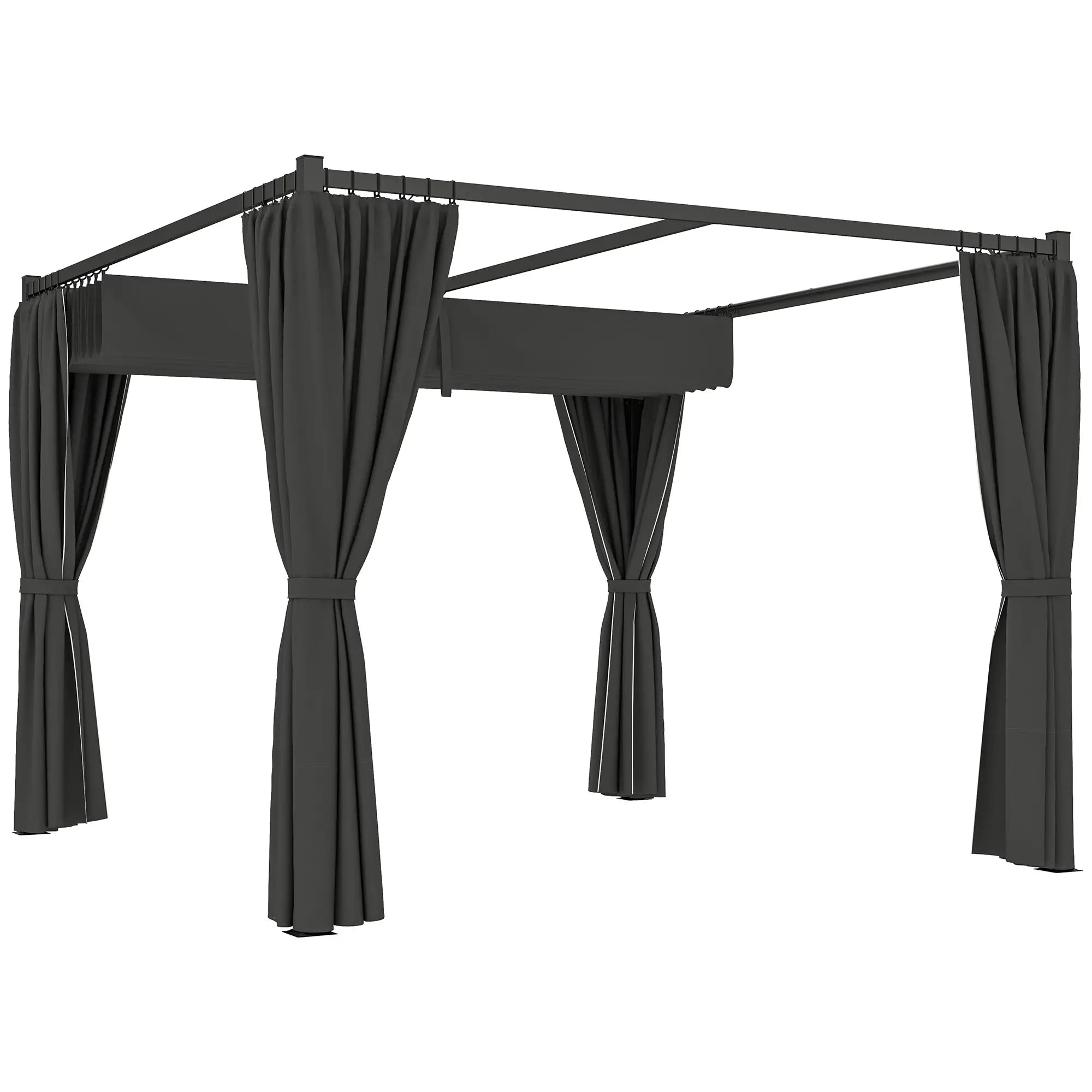 Charcoal 3m x 3m Retractable Pergola Shelter with Curtains - Perfect For patios