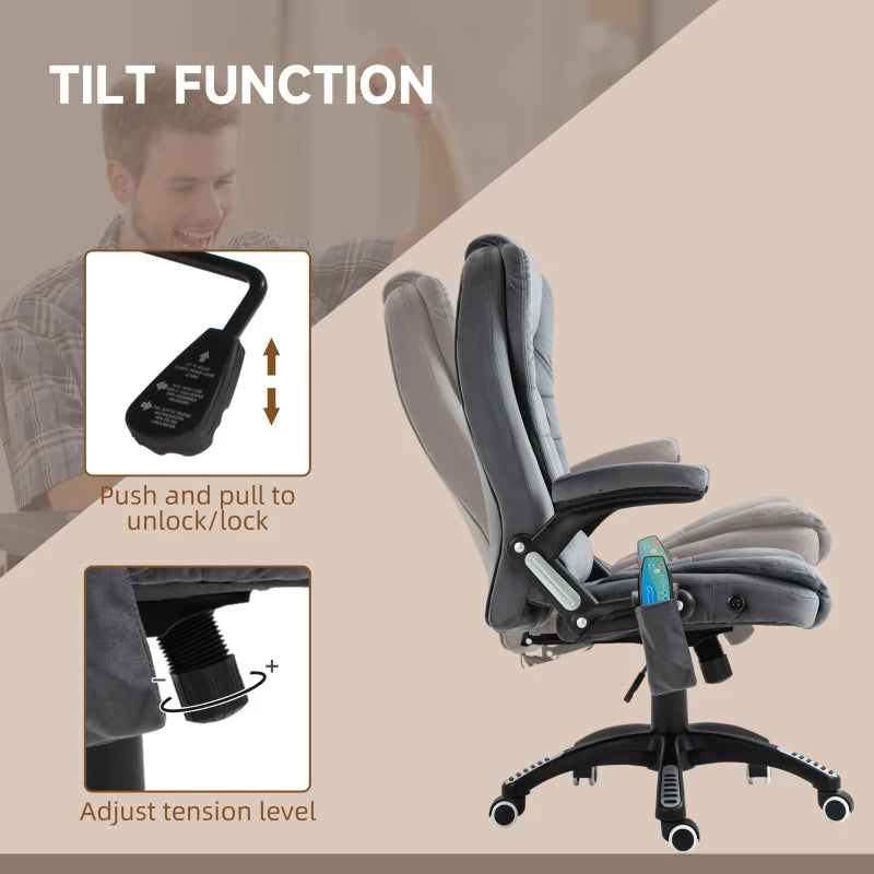 Vinsetto Heated Massage Recliner Chair - 6 Massage Points, Velvet Fabric, 360° Swivel, Grey Office Chair for Ultimate Comfort