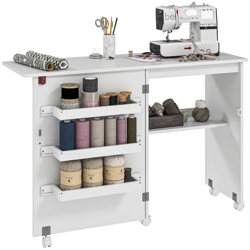 Folding Sewing Table with Drop Leaf & Storage Bins - Rolling Craft Table for Small Spaces, White Sewing Machine Cabinet