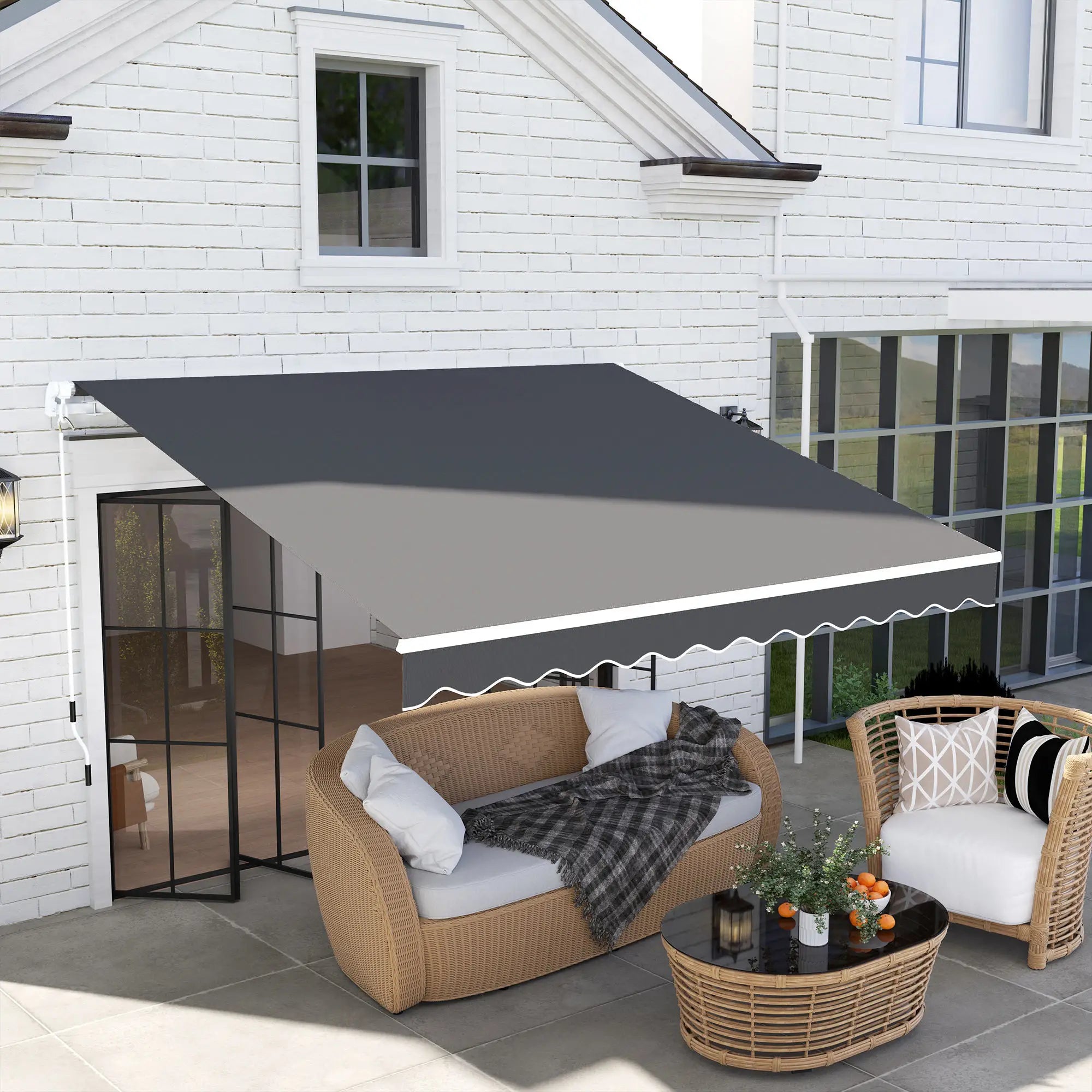 3m x 2.5m Garden Patio Manual Awning, Retractable Canopy Sun Shade Shelter with Fittings and Crank Handle, Dark Grey
