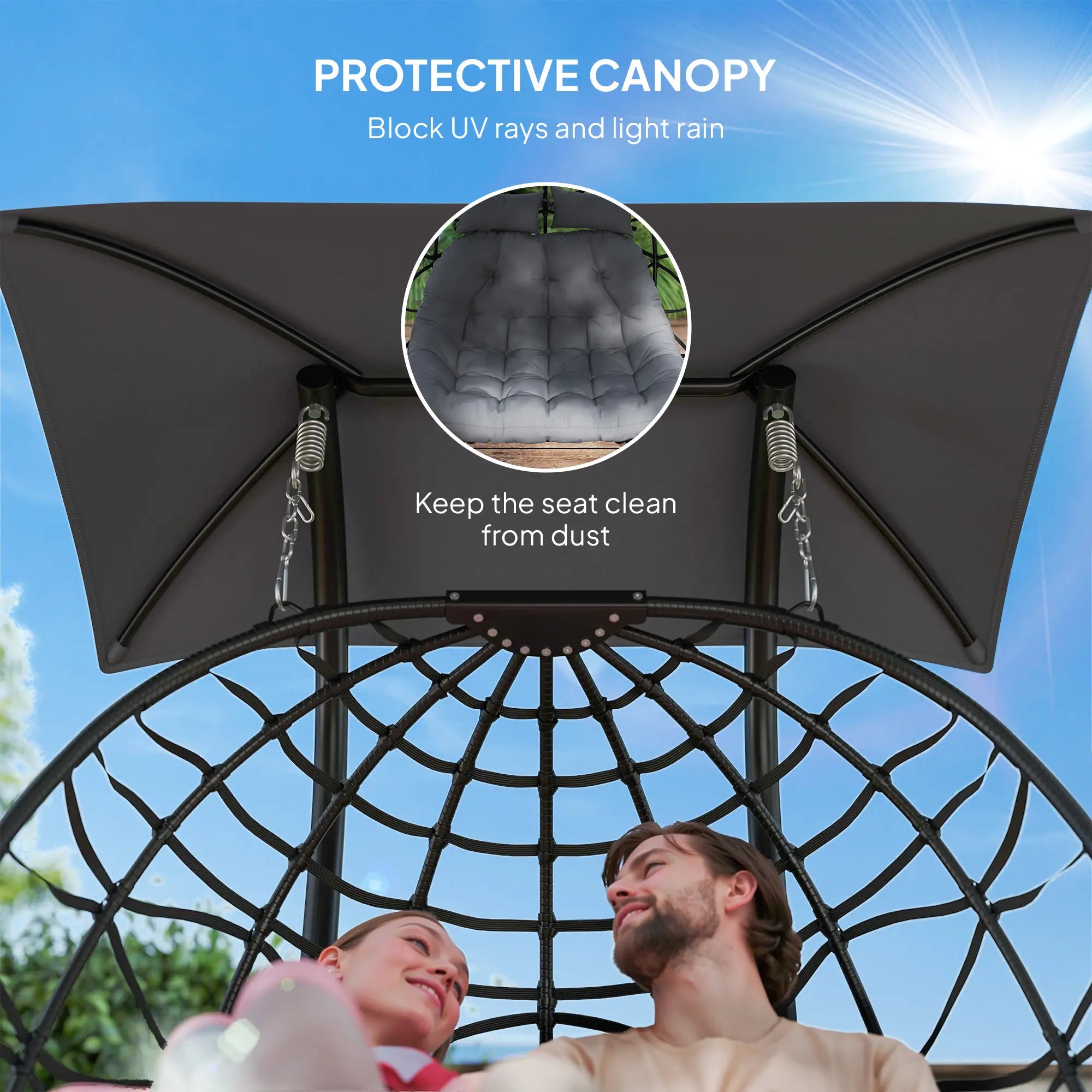 Rattan Double Hanging Egg Chair with Canopy - Foldable Swing/Egg Chair with Cushion, Head Pillows, Stand & Steel Frame