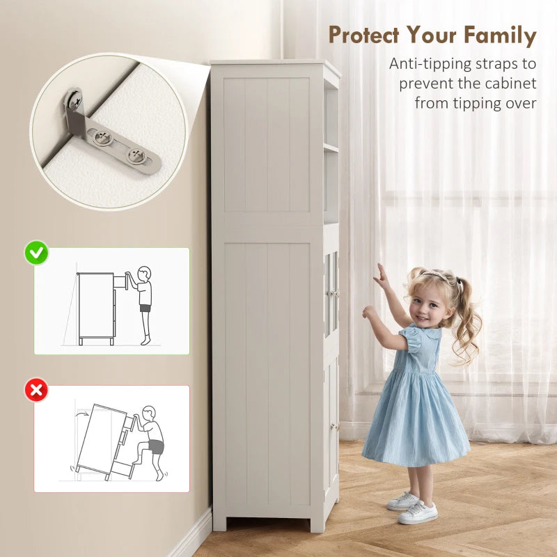 Freestanding Kitchen Storage Cabinet with Adjustable Shelves and Glass Doors for Dining Room