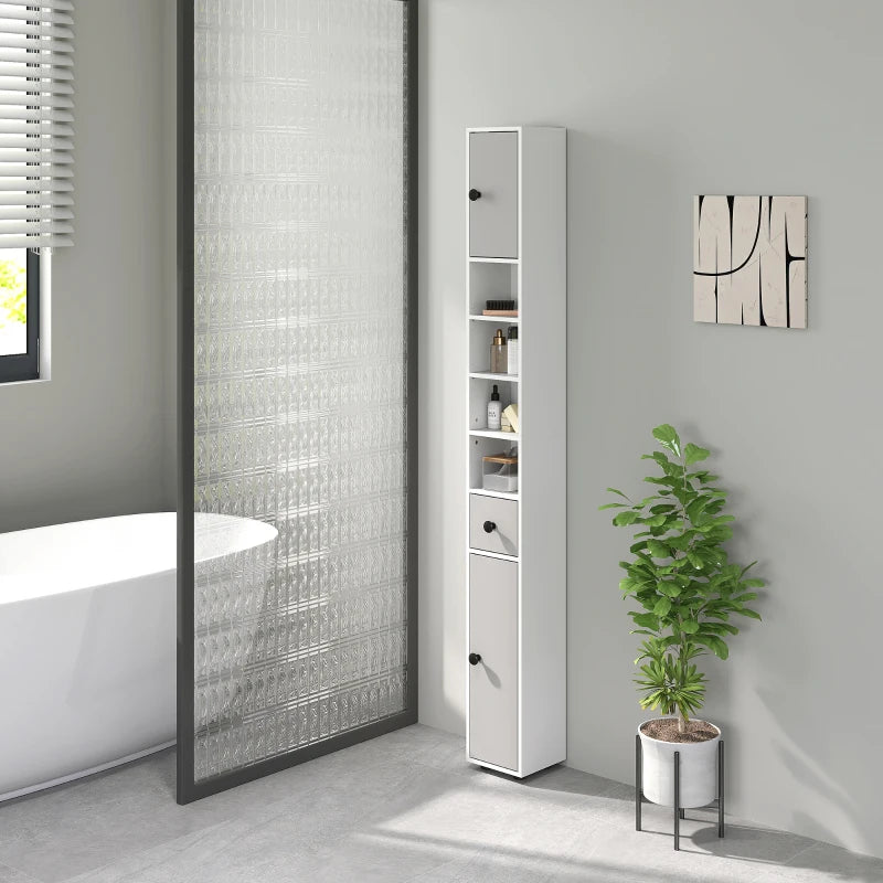 180cm Slim Bathroom Cabinet with Drawer Shelves and Cupboards in Light Grey