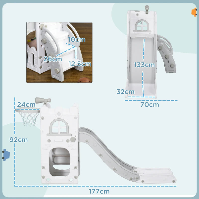 4 in 1 Toddler Slide with Basketball Hoop Climber Telescope Storage Basket for Ages 1 to 3 Years Grey