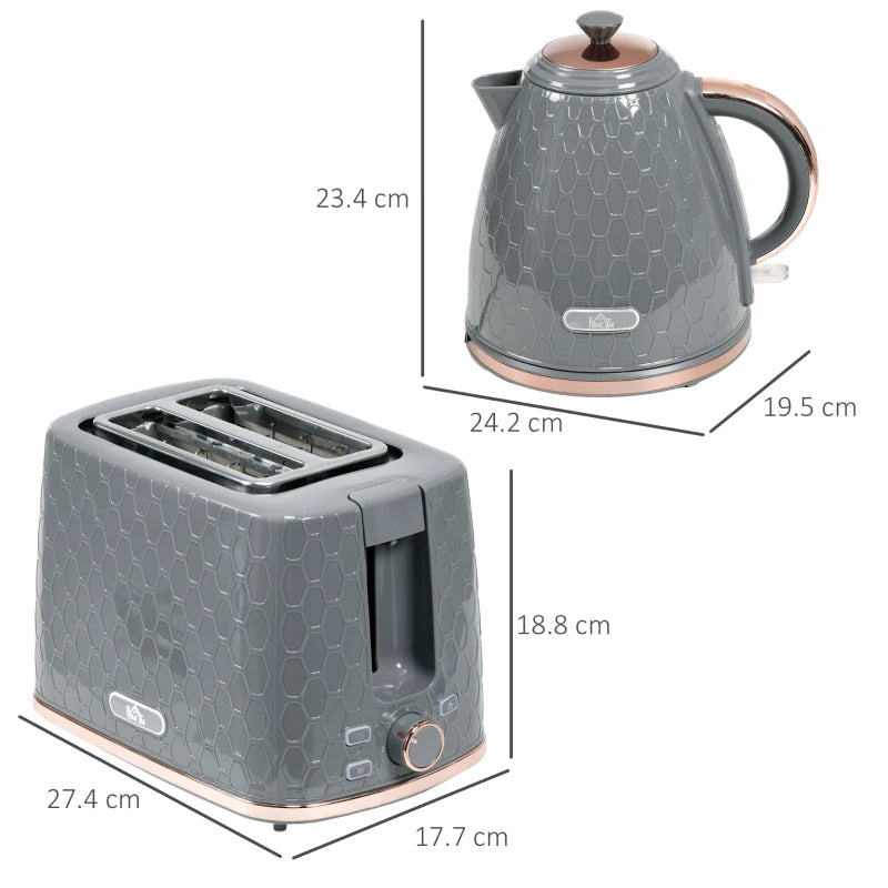 1.7L 3000W Fast Boil Kettle & 2 Slice Toaster Set - Auto Shut Off, Browning Controls, Stylish Grey Finish
