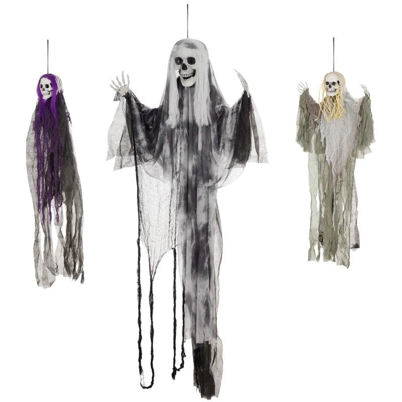 Set of 3 Hanging Skeleton Halloween Decorations - Scary Flying Ghosts for Garden & Party - 90/110/170cm Sizes
