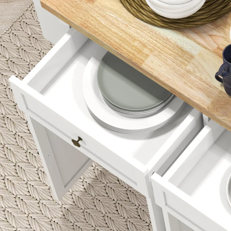 Rolling Kitchen Island Storage Trolley with Rubber Wood Top & Drawers - White Dining Room Cart for Easy Organization