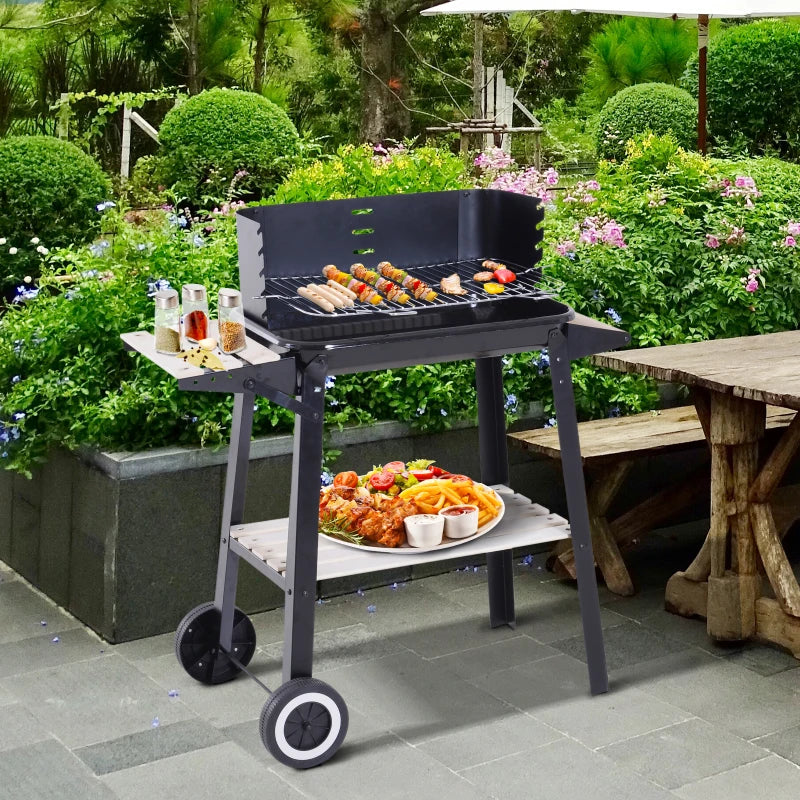 Charcoal BBQ Grill with Side Trays and Storage Shelf - Outdoor Patio Garden