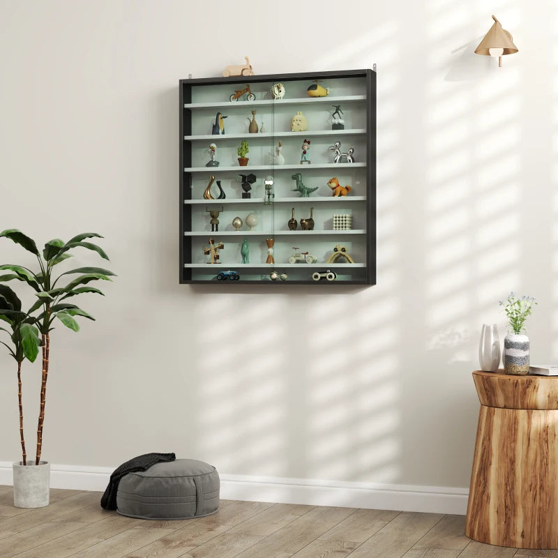 Modern Six Shelf Display Cabinet with Glass Doors - Stylish Black and White Storage Solution for Home or Office