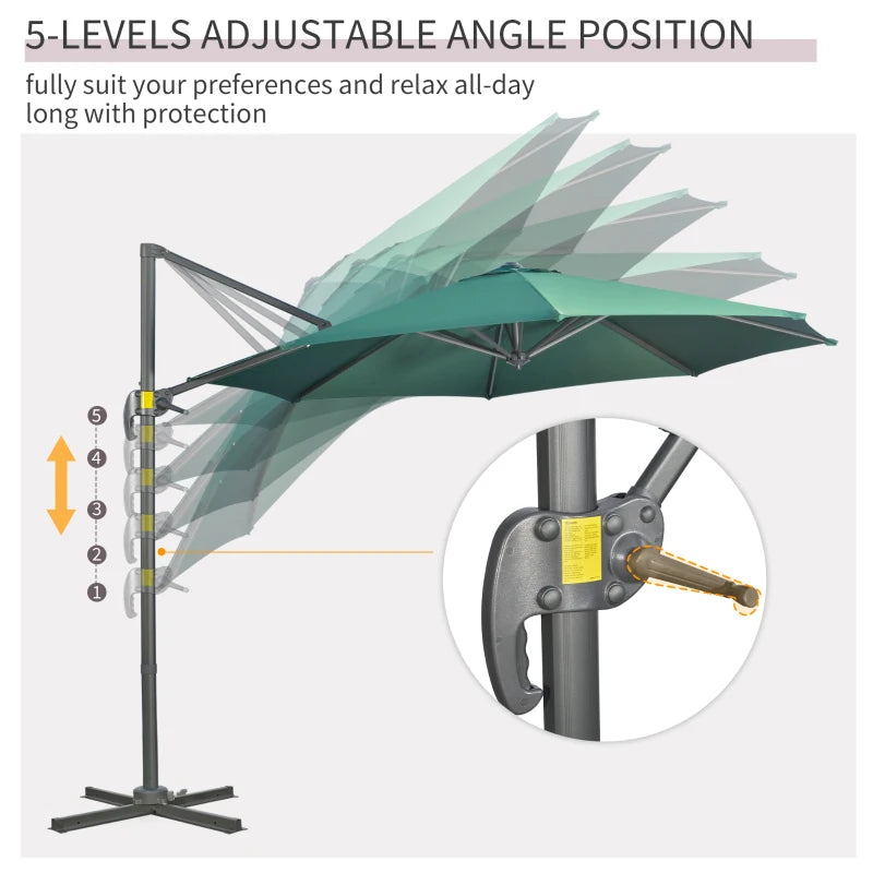 Green Cantilever Garden Umbrella with 360° Rotation, Crank Handle, and Tilt