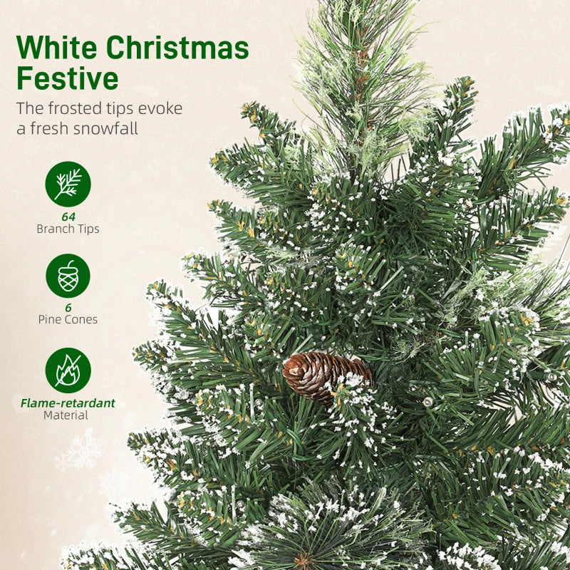60 cm Prelit Snow Flocked Mini Christmas Tree with 35 LED Lights, Pine Cones, Linen Base - Battery Operated Green Tabletop Decor