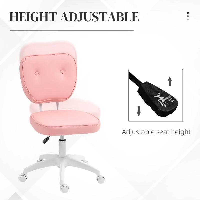Vinsetto Pink PU Leather Vanity Office Chair - Adjustable Height, Armless, Swivel Wheels, Stylish Computer Chair for Home