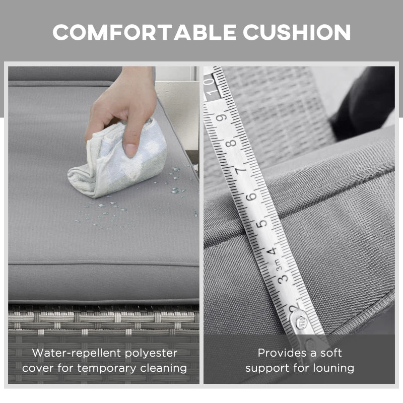 Grey Rattan Sun Lounger with Cushion & Tea Tray - 5-Level Reclining Outdoor Patio Furniture