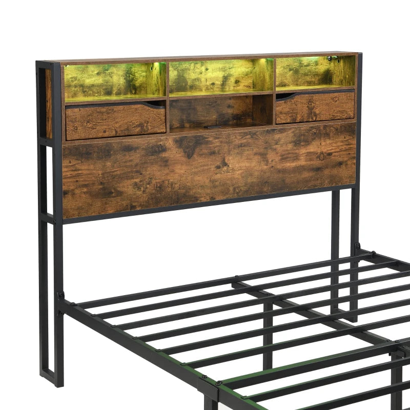 Metal Double Bed with LED Lights & Charging Ports, Storage Base, 209x137.5x114.5 cm, Black & Natural Finish