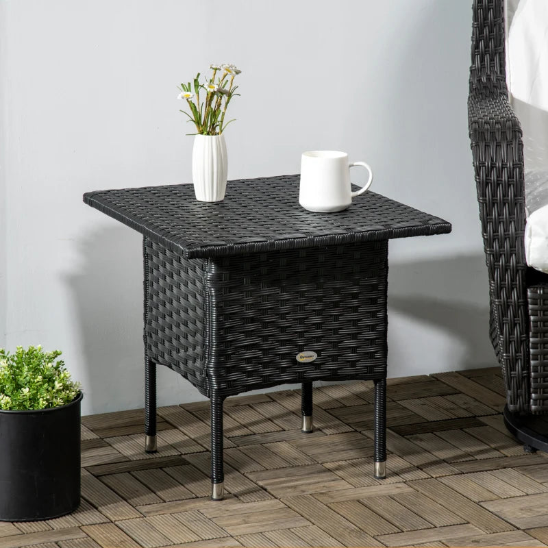 Black Rattan Outdoor Side Table with Plastic Board - Patio, Garden, Balcony