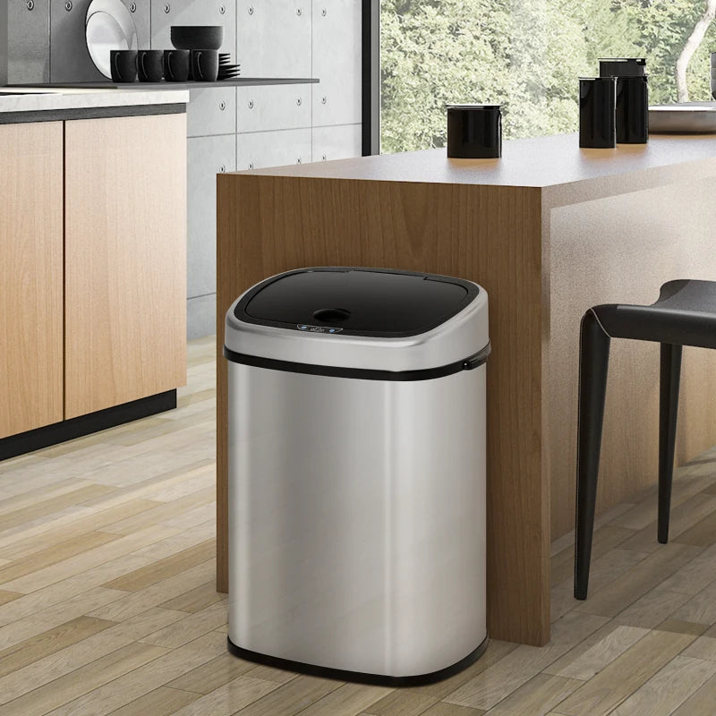 Stainless Steel 48L Touchless Kitchen Sensor Dustbin - Automatic Silver Rubbish Garbage Waste Bin for Home & Office