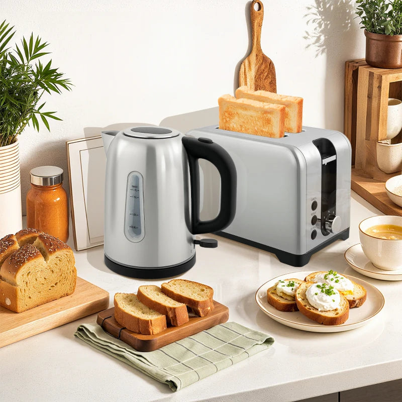 Elegant Silver Tone Toaster and Kettle Set - Modern Kitchen Essentials for Perfect Toast and Boiling Water