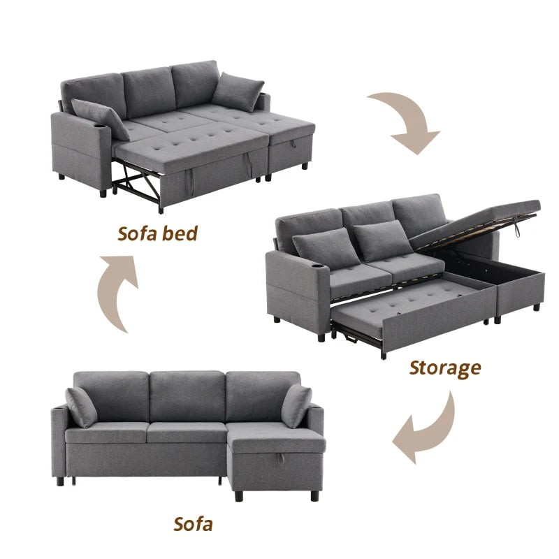 L-Shaped Linen Look Corner Sofa Bed with Storage, 3 Seater Pull-Out Settee, Grey, 212x141x87.5 cm