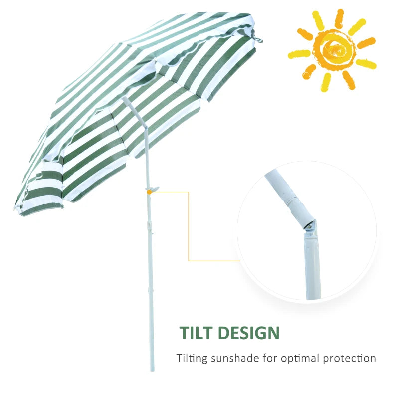 Green & White Striped 1.8m Tilt Beach Umbrella with 8 Ribs