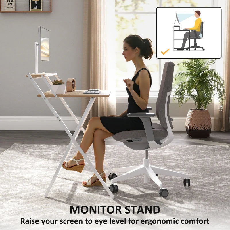 70 cm Folding Computer Desk with Monitor Shelf - Stylish Natural Wood Finish for Home Office & Study