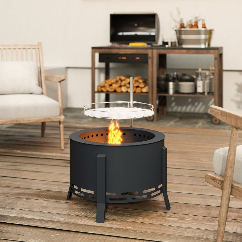 Portable 58 cm Round Fire Pit with Grill Grate, Ash Catcher & Poker for Camping, BBQ