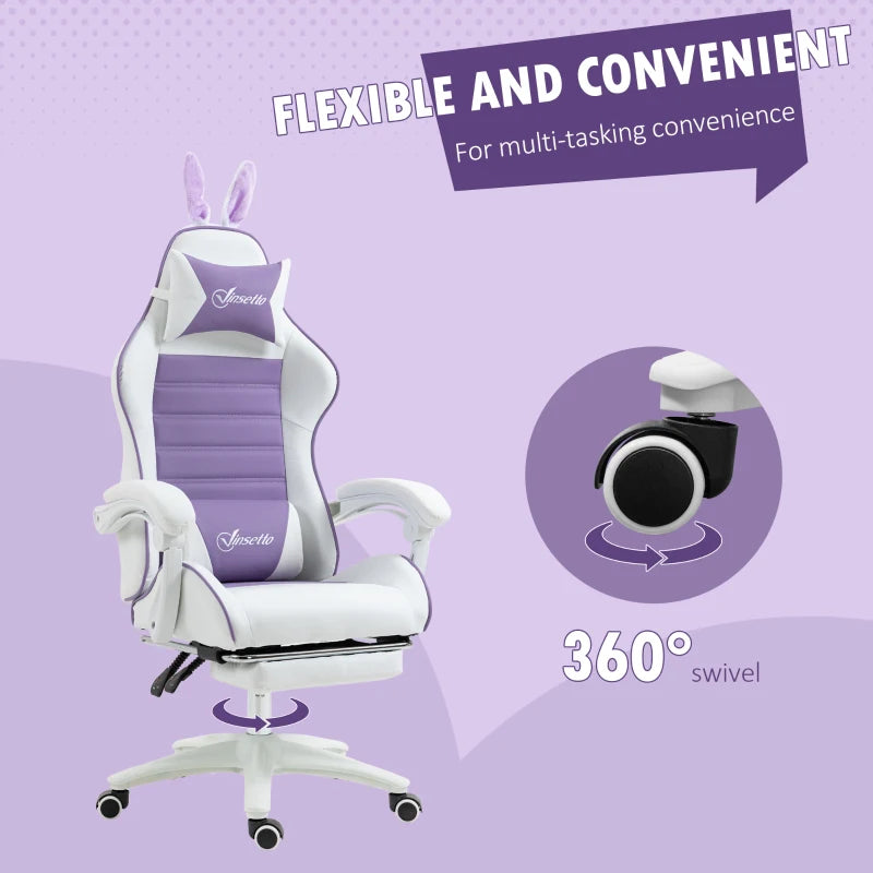 Vinsetto Purple Racing Gaming Chair - Reclining PU Leather with Removable Rabbit Ears, Footrest, Headrest & Lumbar Support