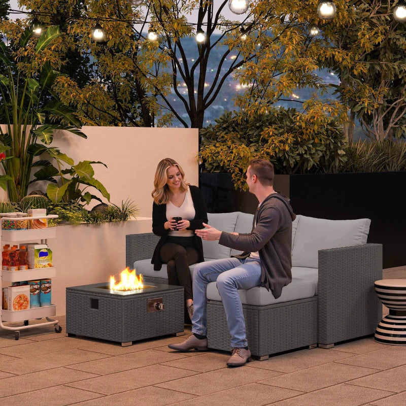 5-Piece Grey Rattan Garden Furniture Set with Gas Fire Pit Table & Footstools