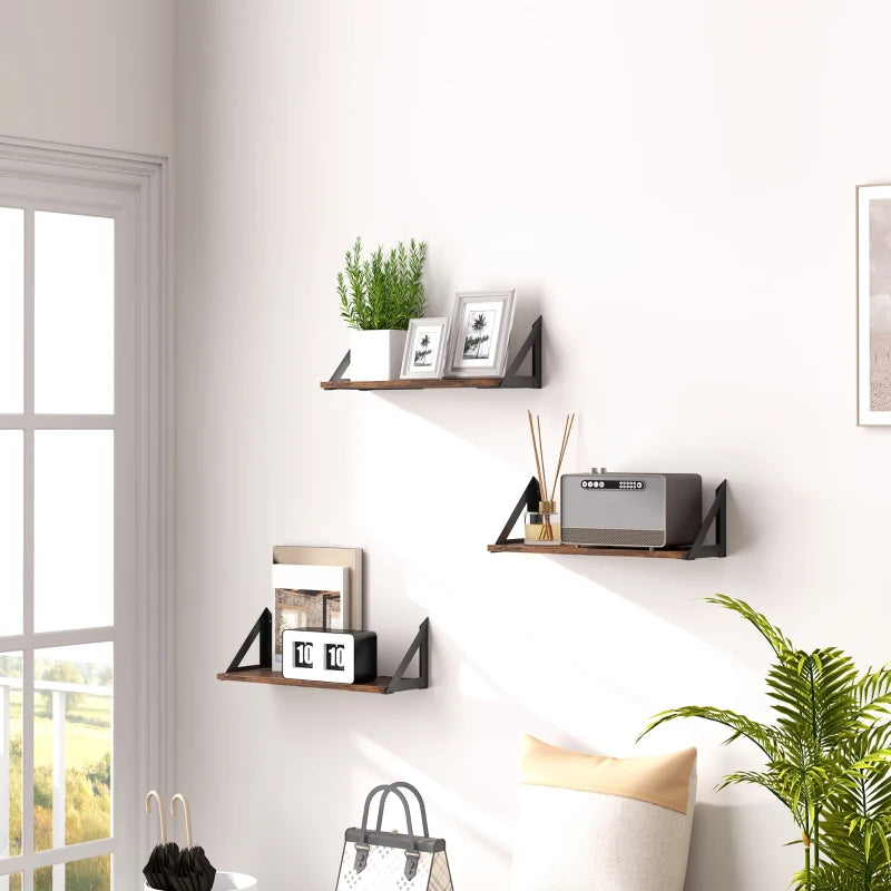 Set of 3 Vintage Wall Mounted Floating Shelves - 43cm Rustic Brown for Living Room, Entryway, Bedroom Decor