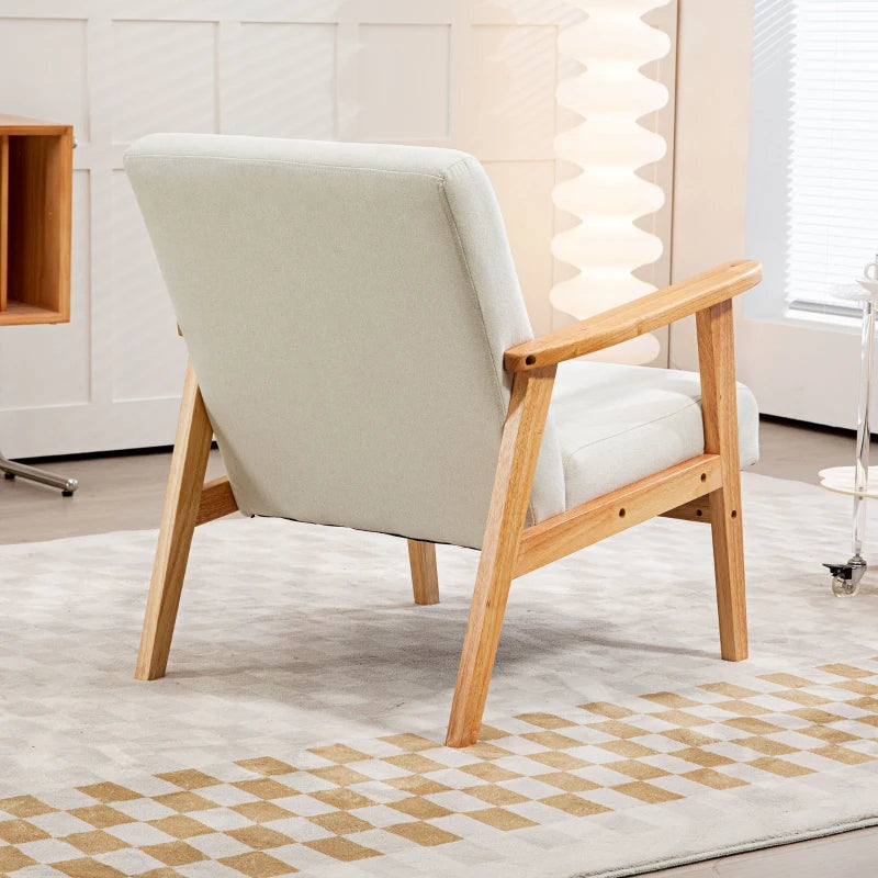 Stylish Cream White Fabric Accent Chair with Rubber Wood Frame and Comfortable Padded Cushion for Living Room