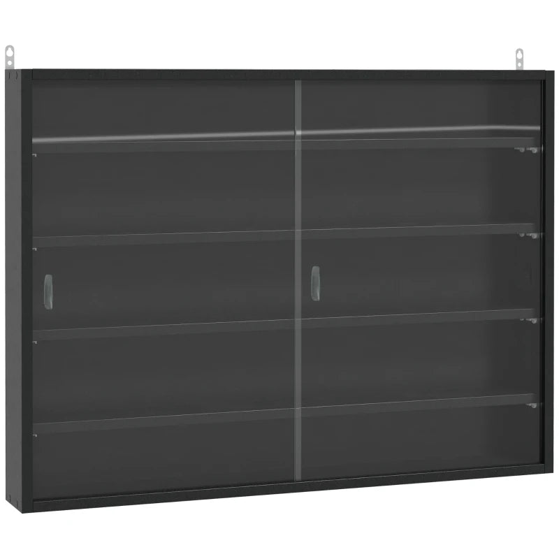 5-Tier Adjustable Wall Display Shelf Unit with Glass Doors - Black Cabinet for Home Office Ornaments, 60x80cm