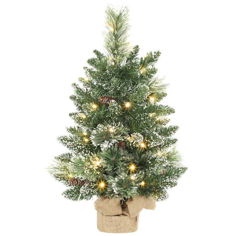 60 cm Prelit Snow Flocked Mini Christmas Tree with 35 LED Lights, Pine Cones, Linen Base - Battery Operated Green Tabletop Decor