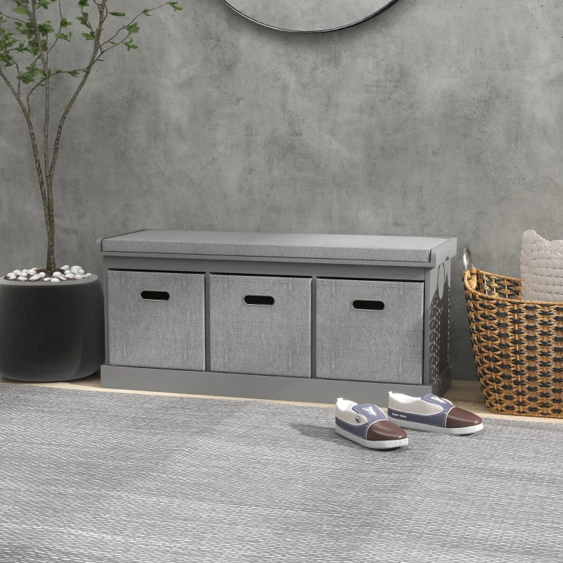 Three Drawer Shoe Storage Bench with Padded Top Seat in Grey