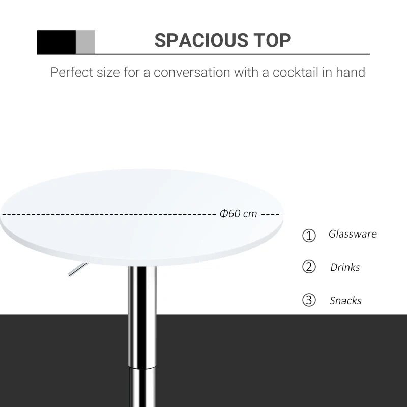 Adjustable Height Round Bistro Table 60cm - Stylish White Metal Frame Swivel Top for Kitchen & Conservatory