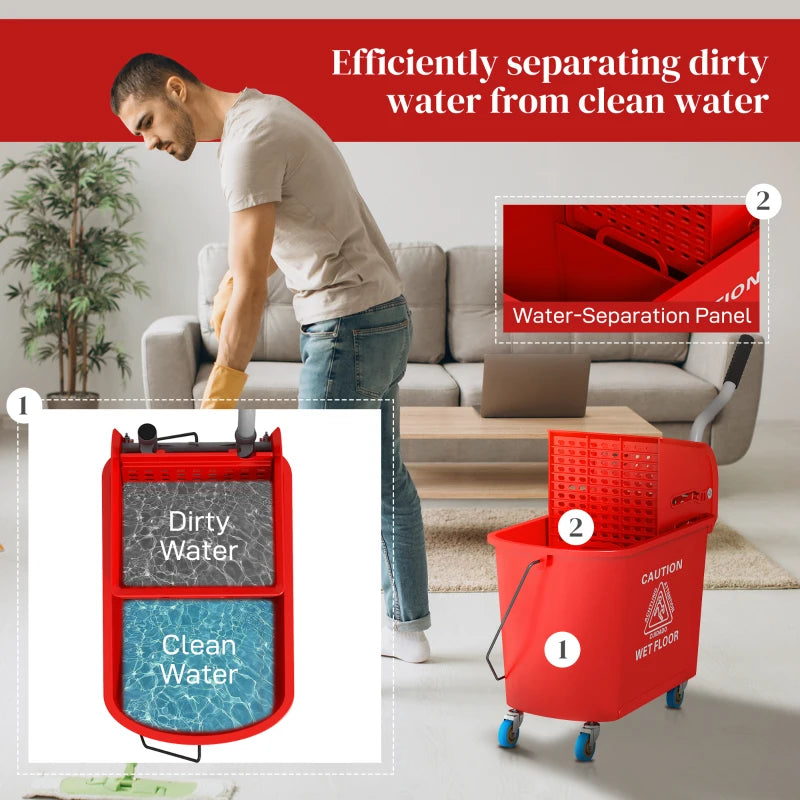 20L Compact Mop Bucket on Wheels with Water Separation Panel - Red | Ideal for Easy Cleaning and Storage