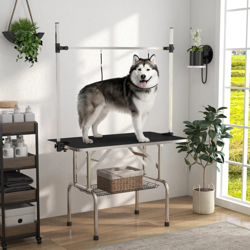 42" Adjustable Dog Grooming Table with Rubber Top, 2 Loops & Storage Basket - Perfect for Cats & Dogs, Black