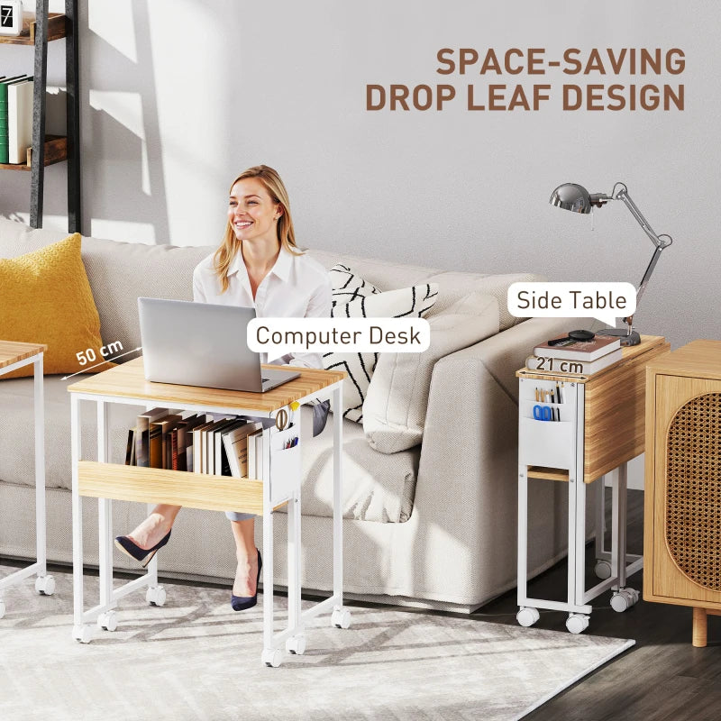 63 cm Drop Leaf Writing Desk - Natural Wood Finish, Compact Home Office Table, Space-Saving Design for Small Rooms