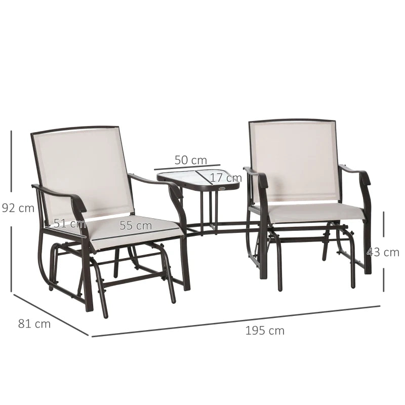 Brown Outdoor Double Glider Rocking Chairs with Glass Top Table