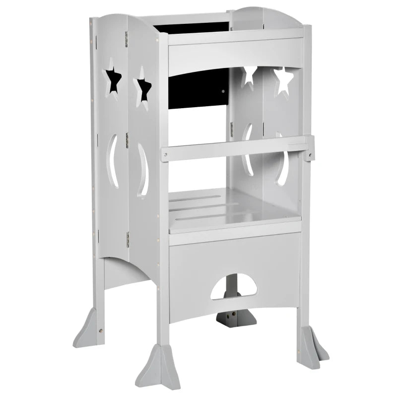 Kids Step Stool with Blackboard & Lockable Handrail - Toddler Kitchen Stool for Safe Counter Access - Grey