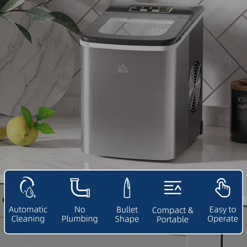 Portable Ice Maker Machine - 9 Cubes in 8 Mins, 12KG/24Hrs, Self-Cleaning, Adjustable Size, Stainless Steel, No Plumbing, Black