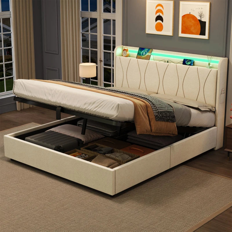 Double Upholstered Bed with LED Headboard & USB Ports - Hydraulic Storage Bed, Beige, 207x136x105 cm - Modern Charging Station