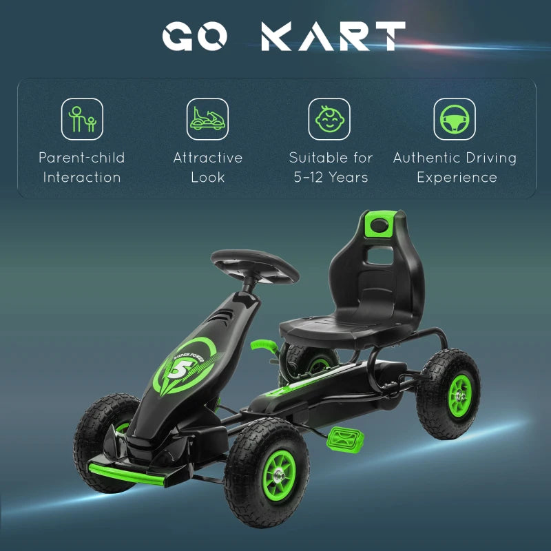 Kids Adjustable Seat Pedal Go Kart with Inflatable Tires for Outdoor Fun Green