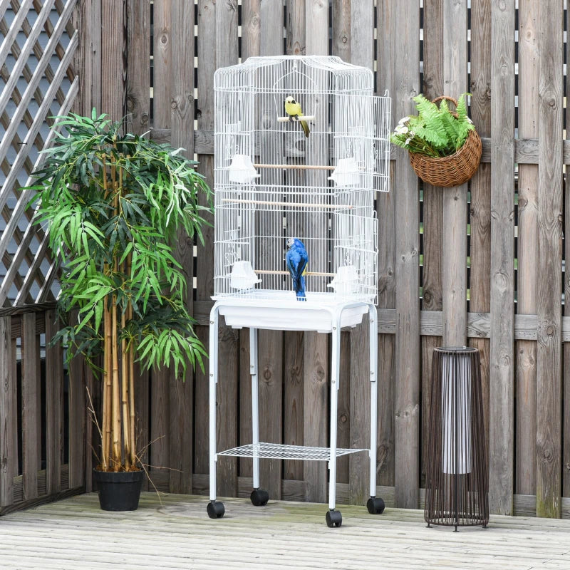 Premium Bird Cage for Budgies, Finches & Parakeets with Stand, Wheels, Slide-out Tray & Storage Shelf - White 46.5x36x157 cm