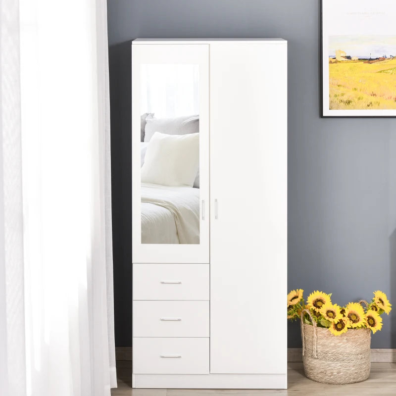Modern 2 Door Mirrored Wardrobe with 3 Drawers and Adjustable Shelves for Bedroom